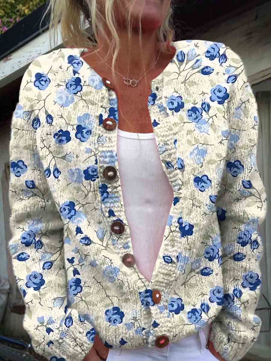 womens-blue-art-roses-print-buttoned-cardigan-sweater