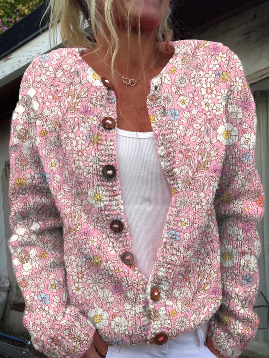 Women's Vintage Floral Art Print Buttoned Cardigan Sweater