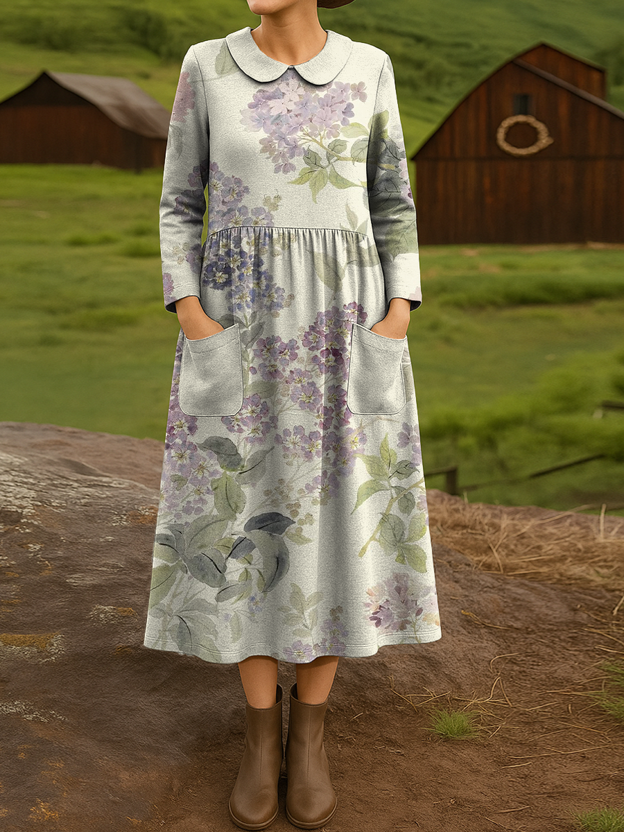 Women's Flowers Pattern Art Print Cotton Lapel Button-Down Shirt Dress