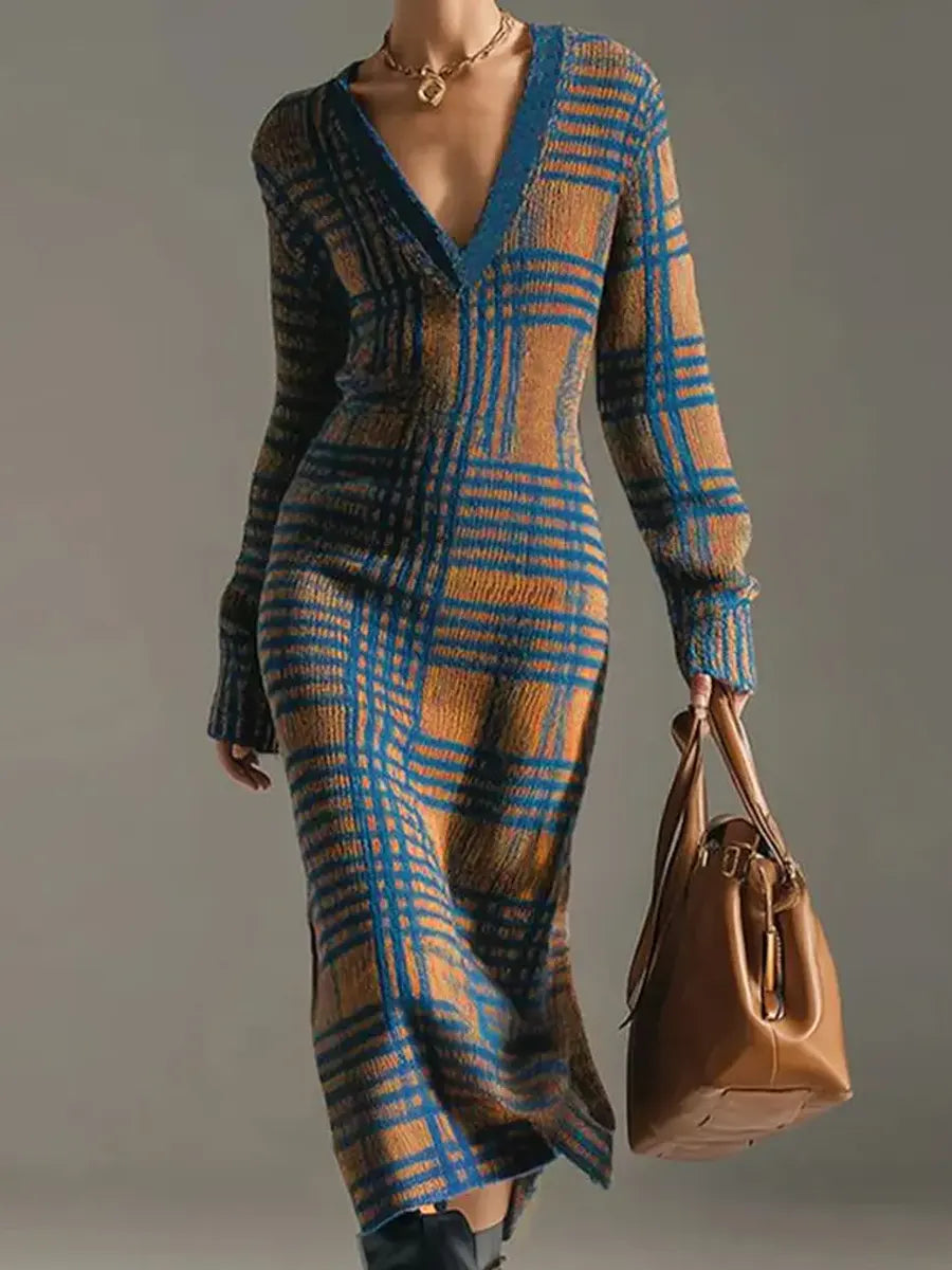Women's Cozy V-neck Plaid Sweater Dress