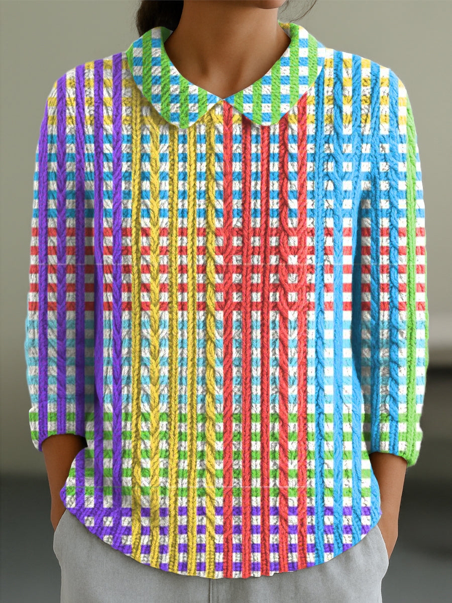 womens-colorful-stripe-painting-art-print-casual-peter-pan-collar-3-4-sleeve-sweater