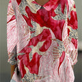 Women's Bird Pattern Print Casual Cotton And Linen 3/4 Sleeve Shirt