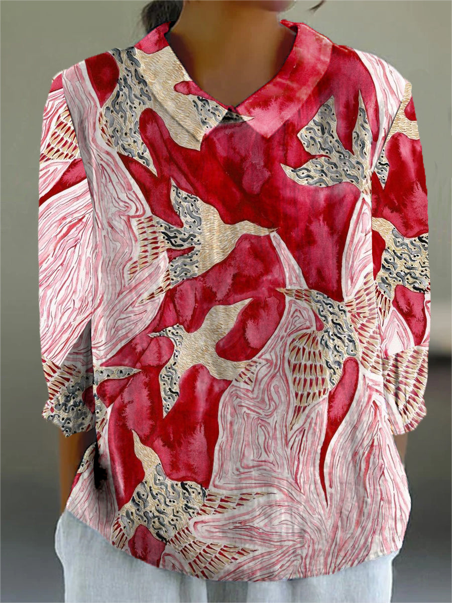 Women's Bird Pattern Print Casual Cotton And Linen 3/4 Sleeve Shirt