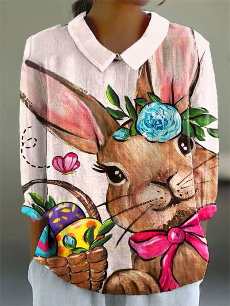 Women's Easter Bunny Colorful Art Print Casual Cotton And Linen 3/4 Sleeve Shirt