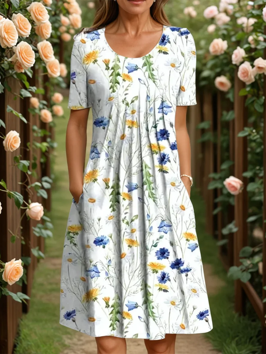 Elegant Floral Print Pleated Pocket Dress