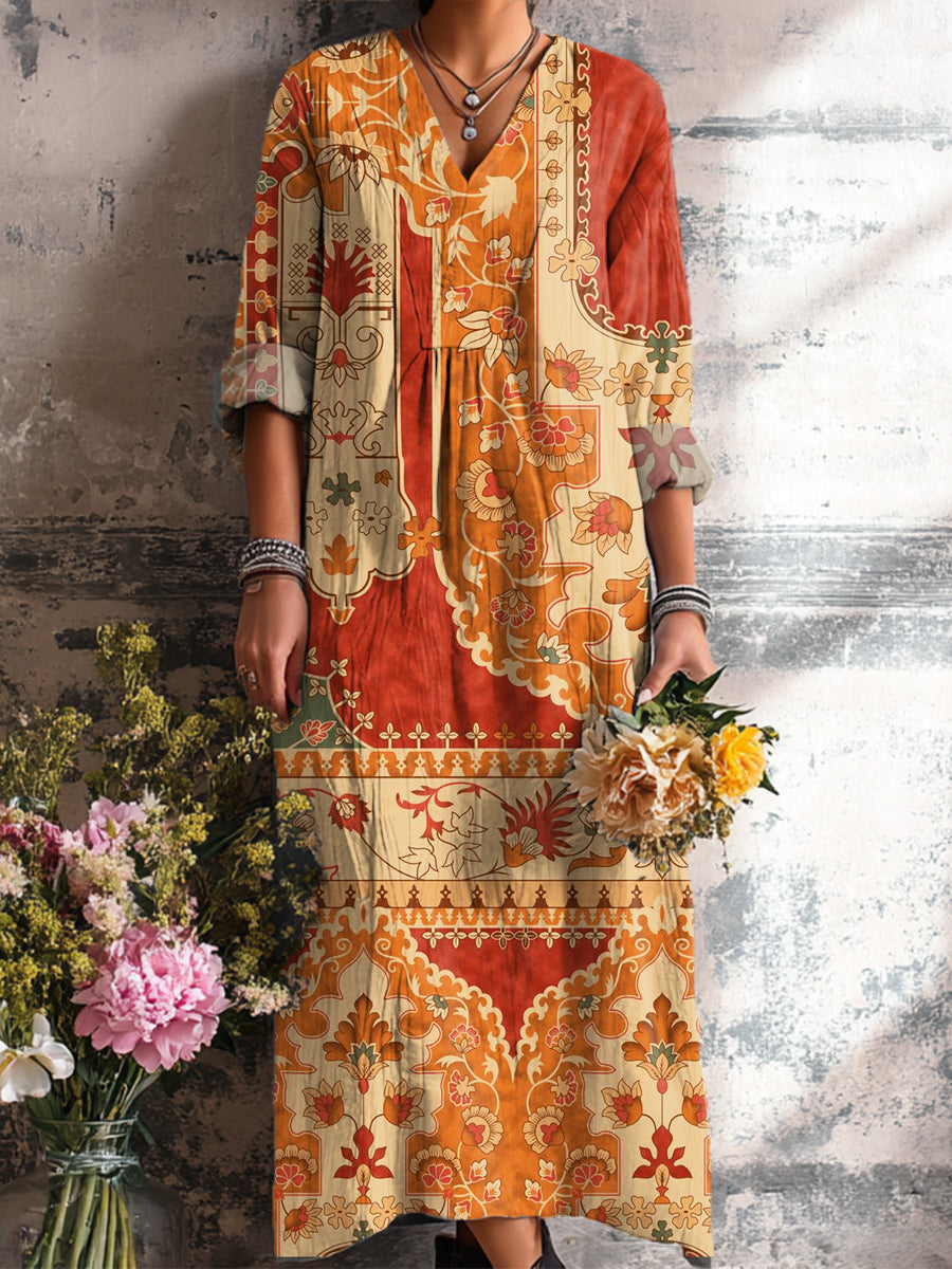 Women's Vintage Ethnic Geometric Floral Art Print Dress