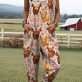Women's Lovely Cow Pattern Art Print Casual 100% Cotton Wide Leg Jumpsuit