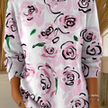 Women's Artistic Pink Rose Print Casual Pullover Sweater