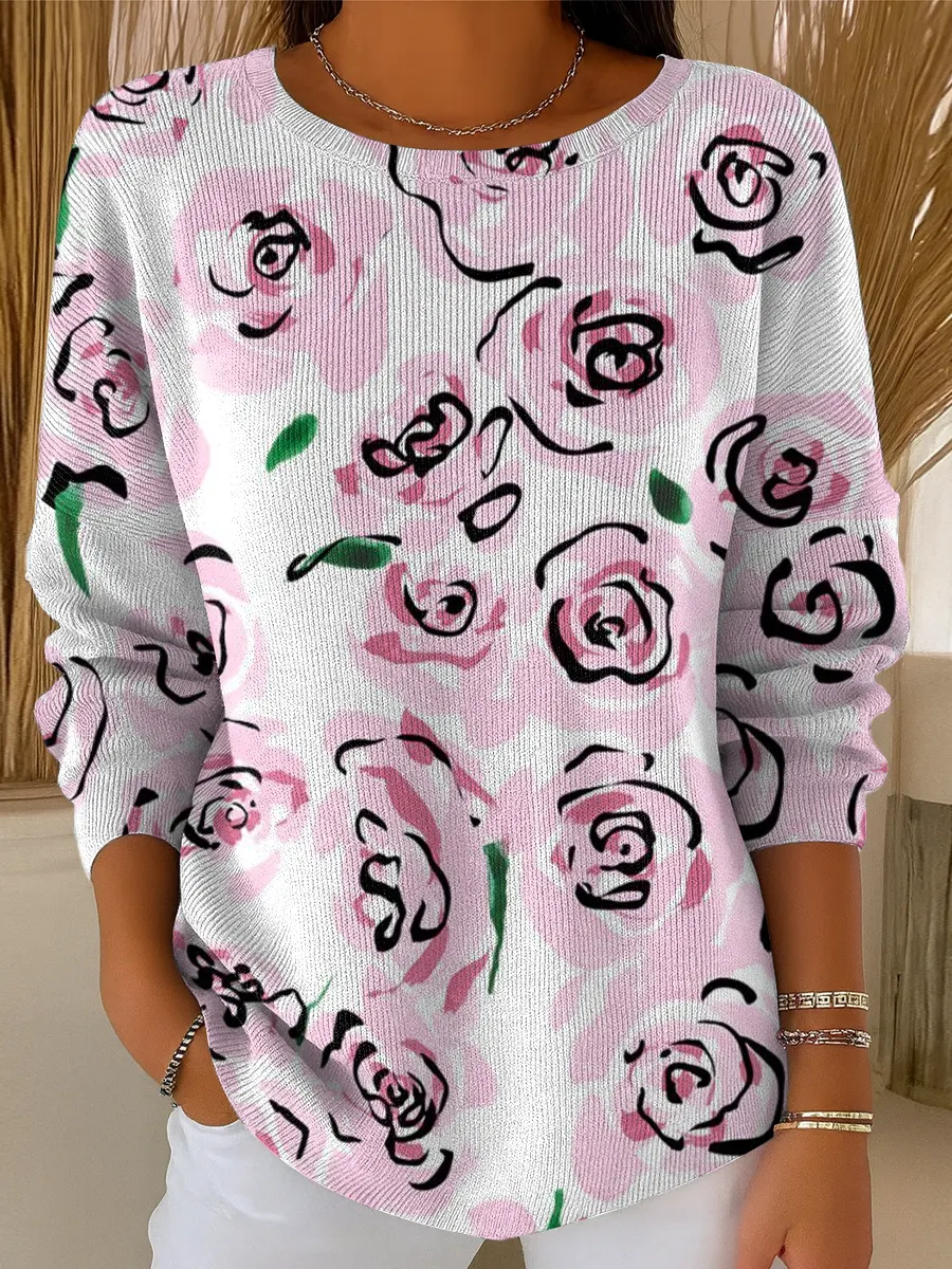 Women's Artistic Pink Rose Print Casual Pullover Sweater