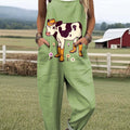 Women's Lovely Cow Art Print Casual 100% Cotton Wide Leg Jumpsuit