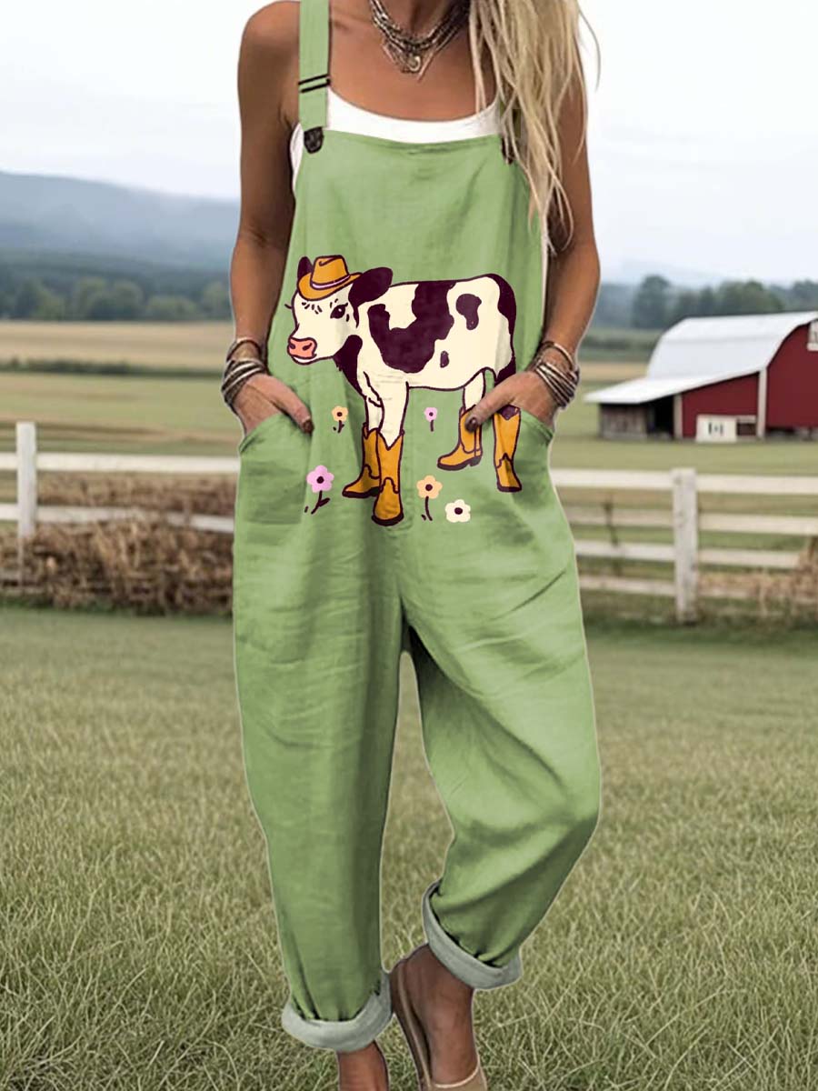 Women's Lovely Cow Art Print Casual 100% Cotton Wide Leg Jumpsuit