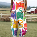 Women's Artistic Abstract Cat Print Casual 100% Cotton Wide Leg Jumpsuit