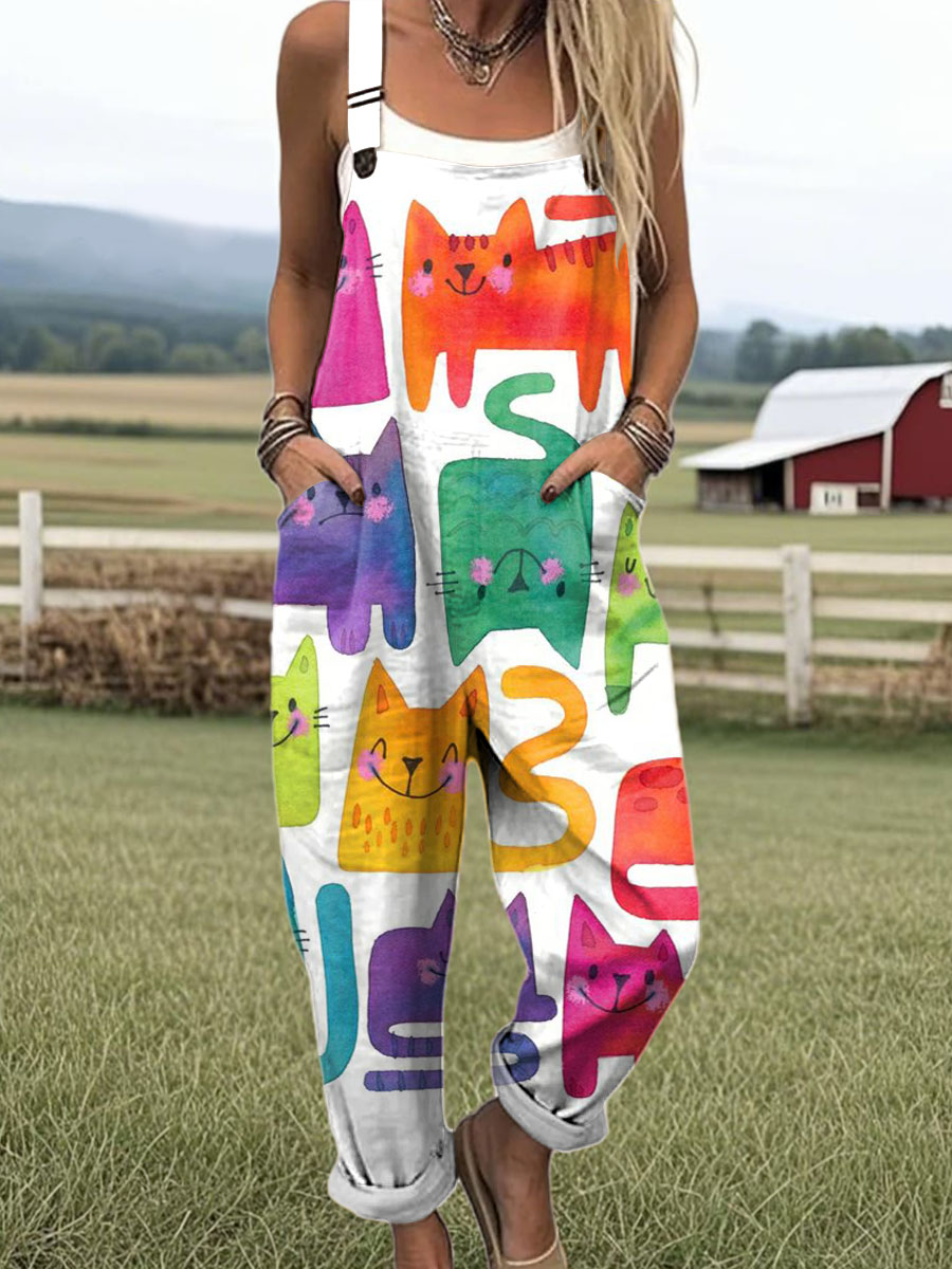 Women's Artistic Abstract Cat Print Casual 100% Cotton Wide Leg Jumpsuit