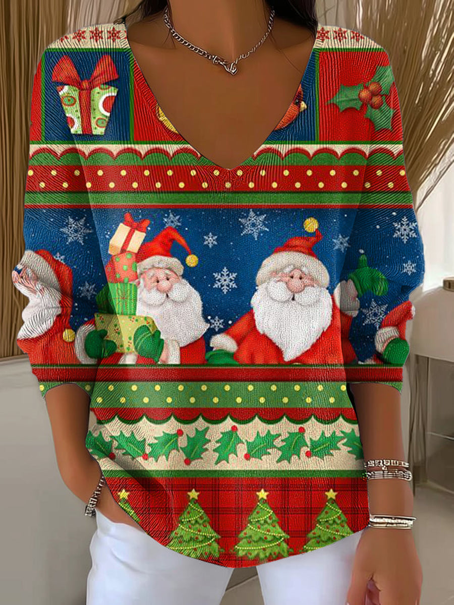 Women's Beautiful Colorful Winter Santa Claus Gift Illustration Art Print Casual Pullover Sweater