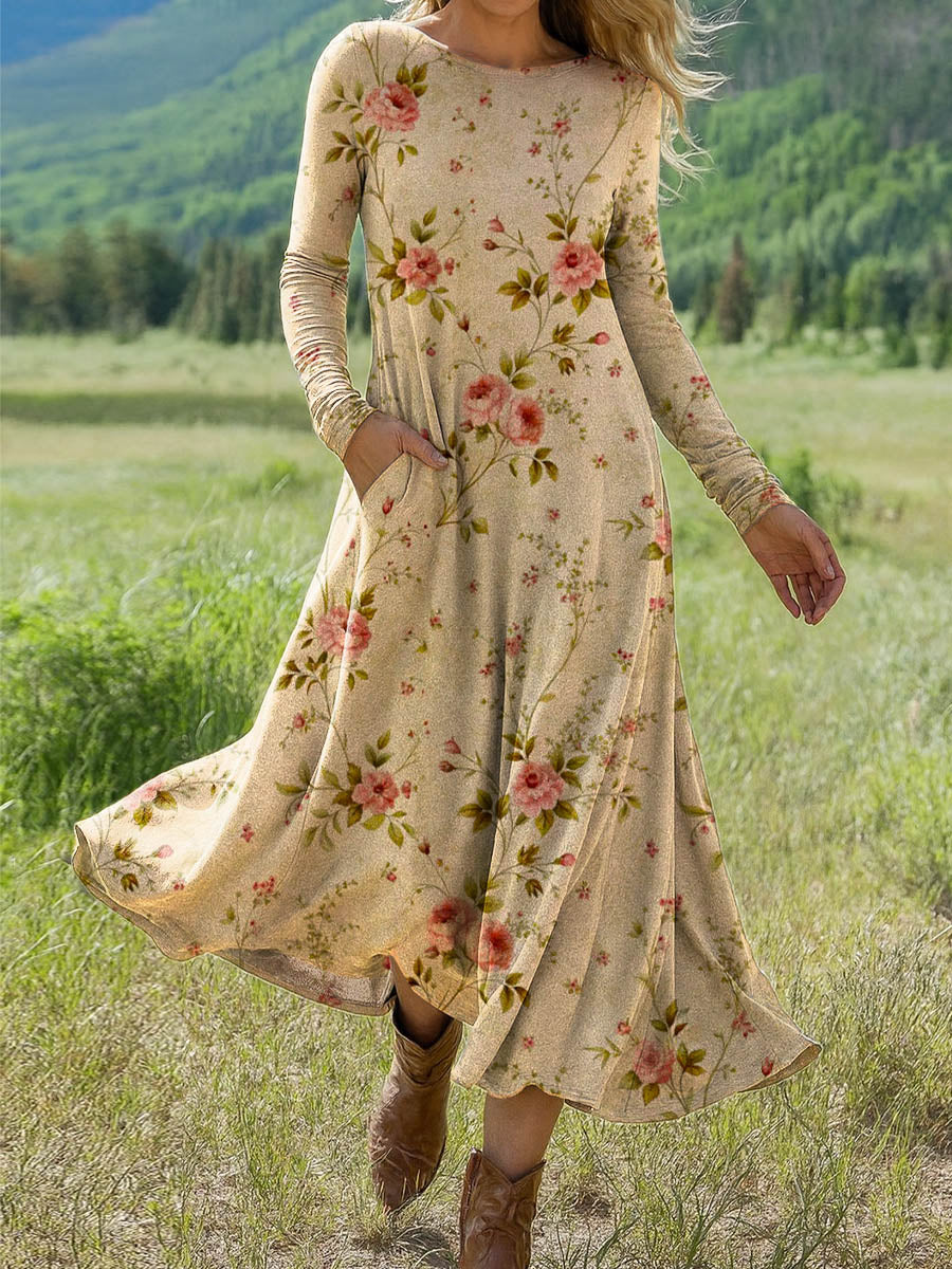 Women's Retro Floral Art Print Long-sleeved Dress
