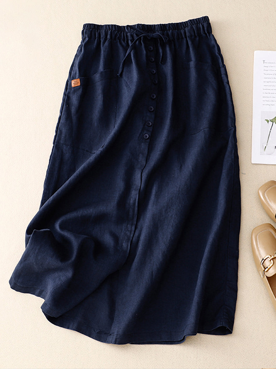 Women's Casual Lace-up Button Cotton and Linen Skirt