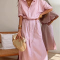 Women's Casual Striped Cotton Shirt Dress with Belt