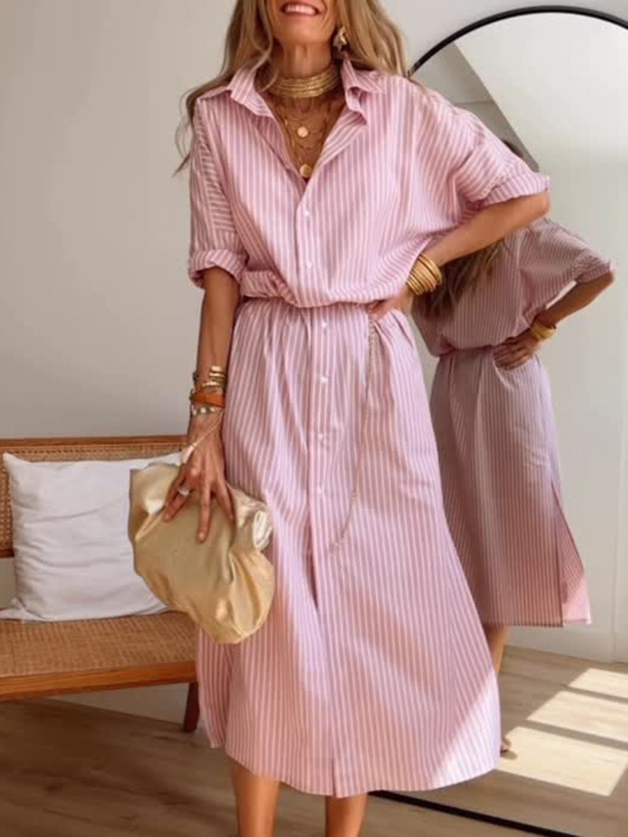Women's Casual Striped Cotton Shirt Dress with Belt