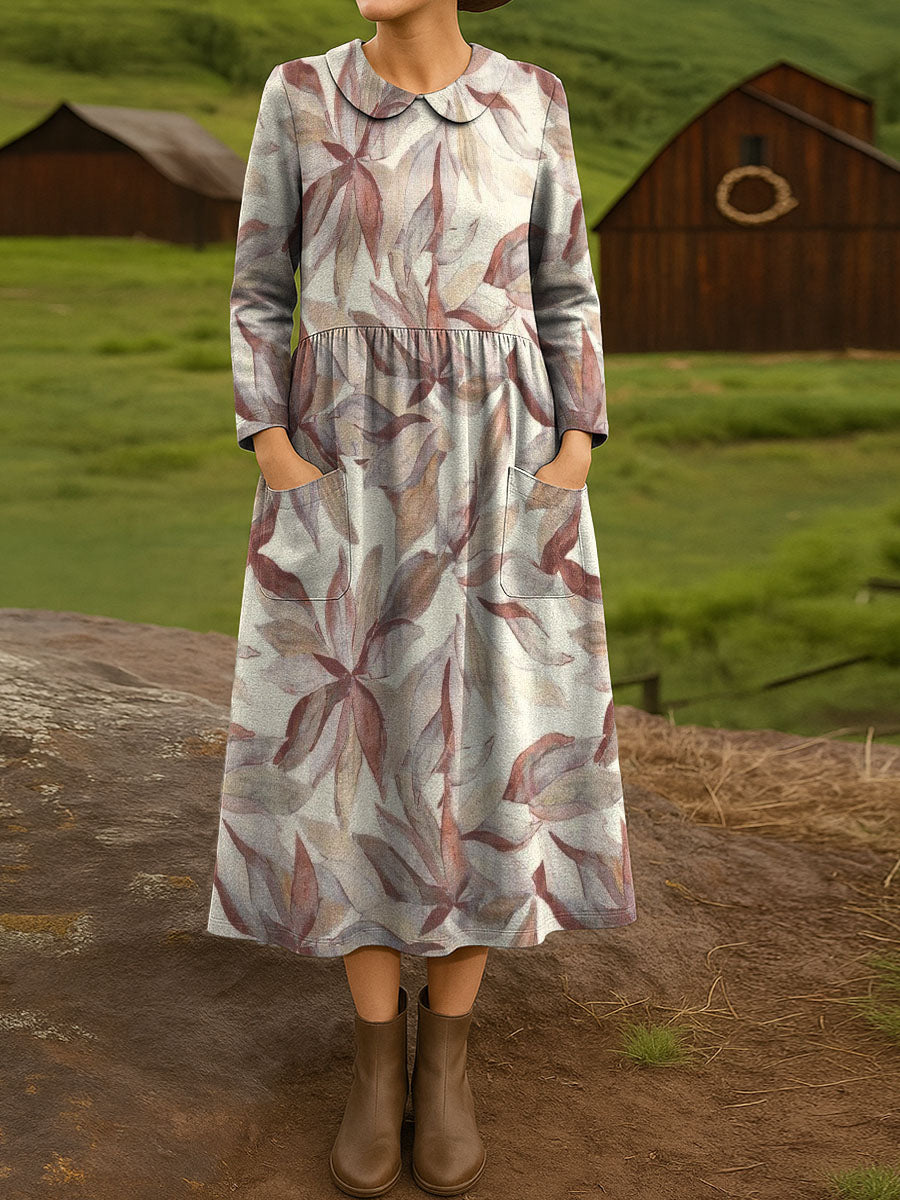 Vintage gradient plant leaf decorative pattern Peter pan Collar Casual Dress