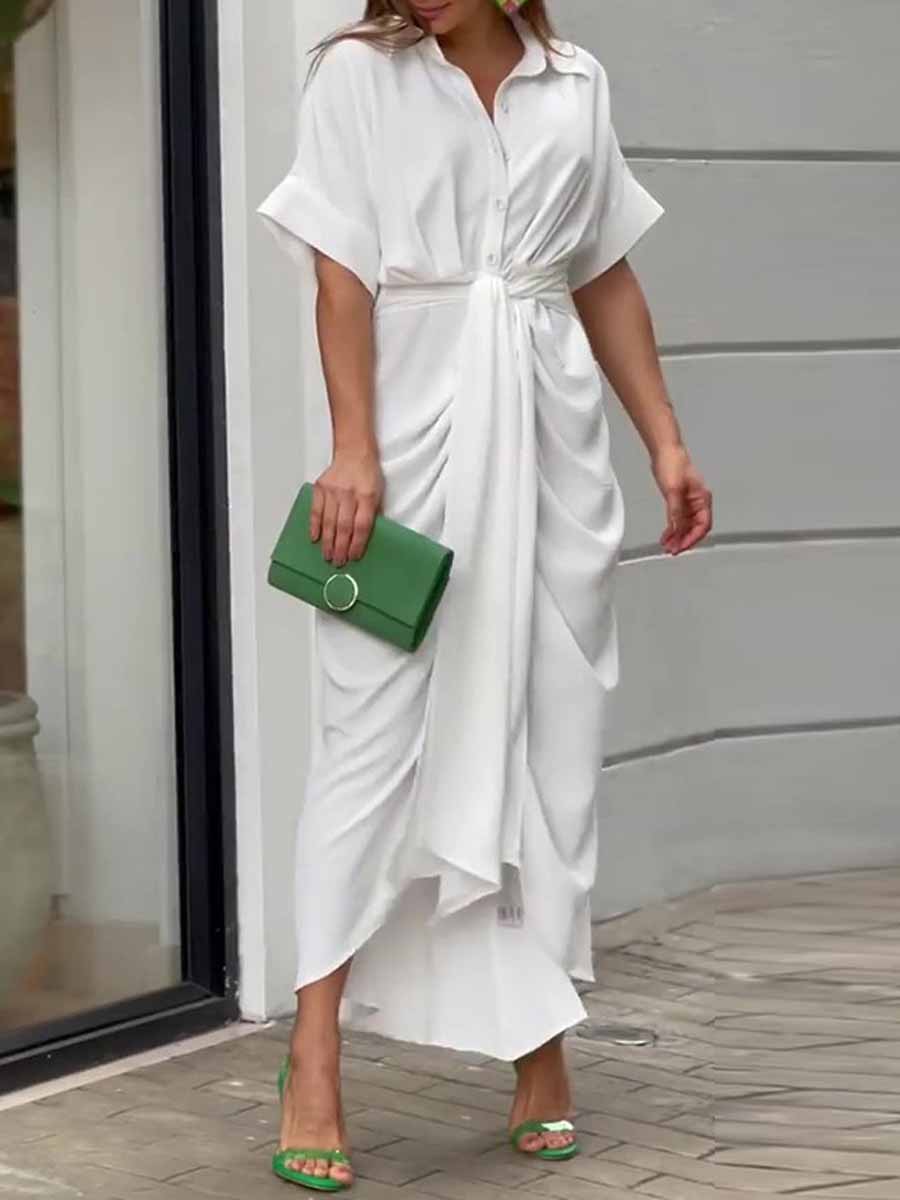 Women's Solid Color Loose Casual Lapel High-Waist Shirt Long Dress