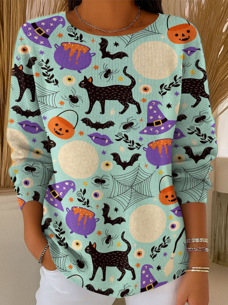 womens-halloween-mixed-cat-pattern-print-casual-pullover-sweater