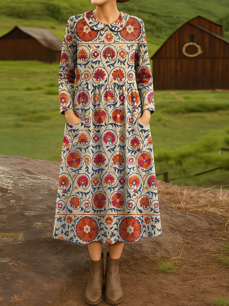 Women's Vintage Floral Art Print Cotton Lapel Shirt Dress