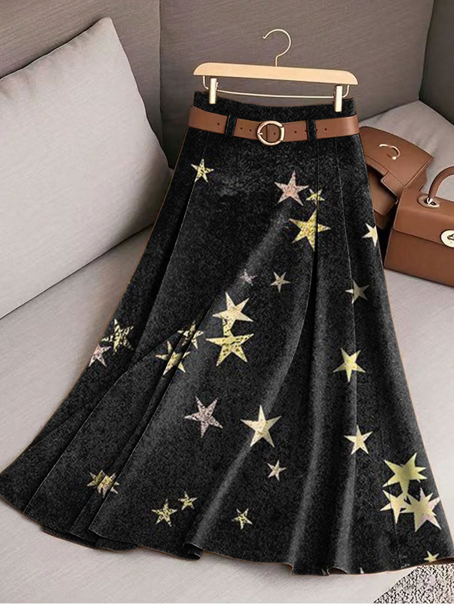 Women's Retro Stars Pattern Casual Print Cotton Skirt