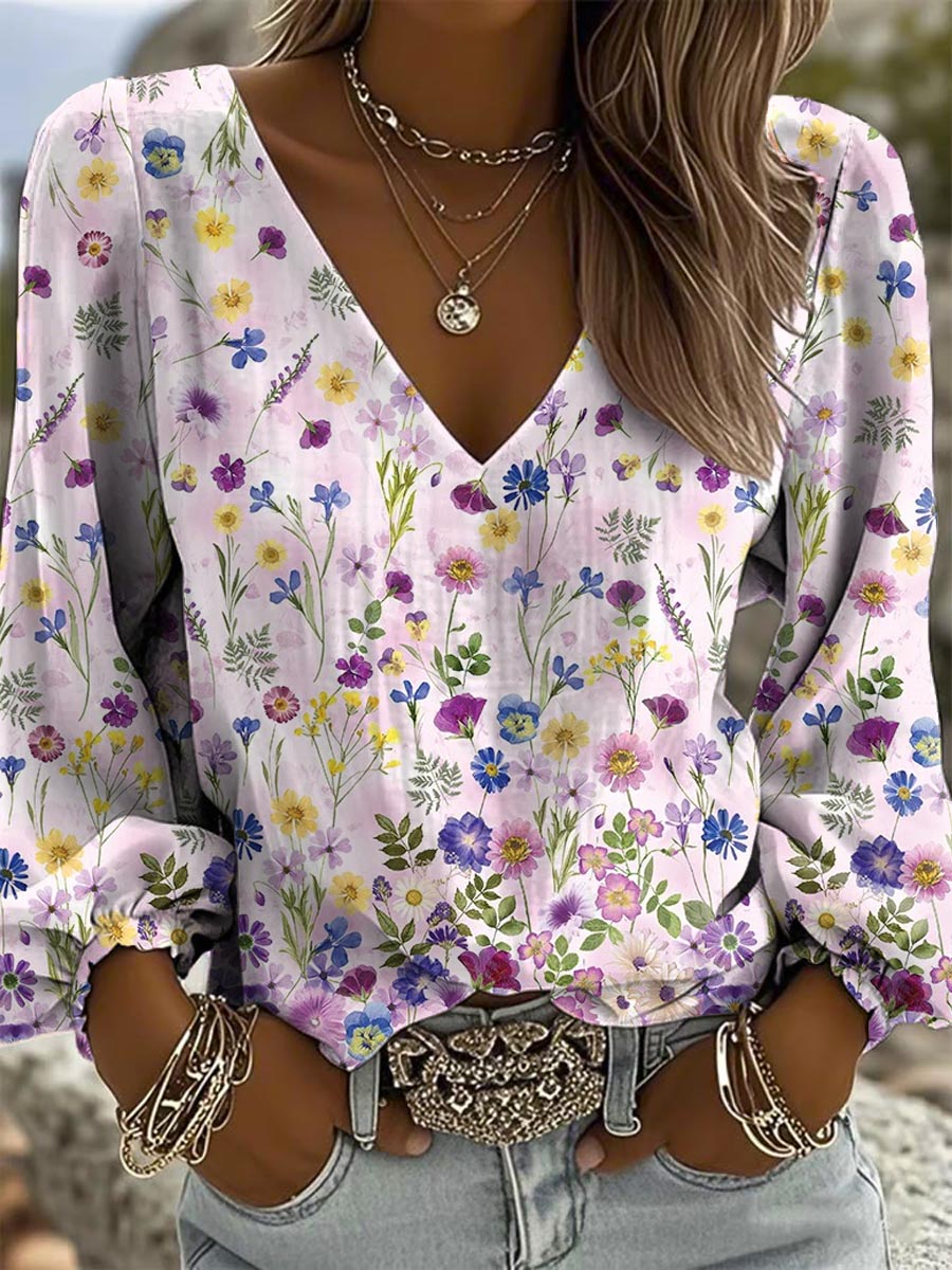 Women's Vintage Floral Art Pattern Print Casual Cotton And Linen Shirt