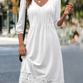 White Patchwork A Line 3/4 Sleeve V Neck Dress