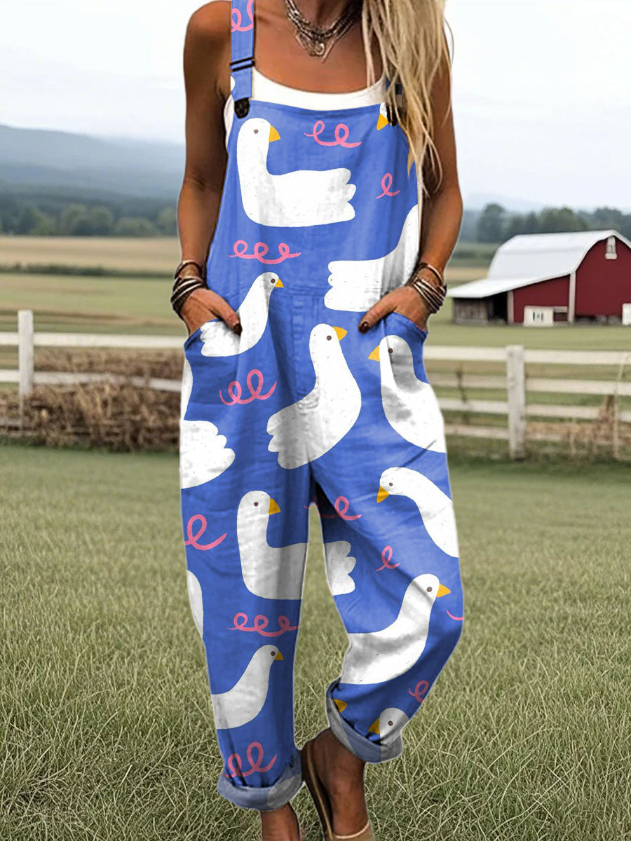 Women's Funny Duck Art Print Casual 100% Cotton Wide Leg Jumpsuit