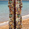 Women's Vintage Ethnic Floral Symmetrical Art Print Pocket V-neck Cotton Dress