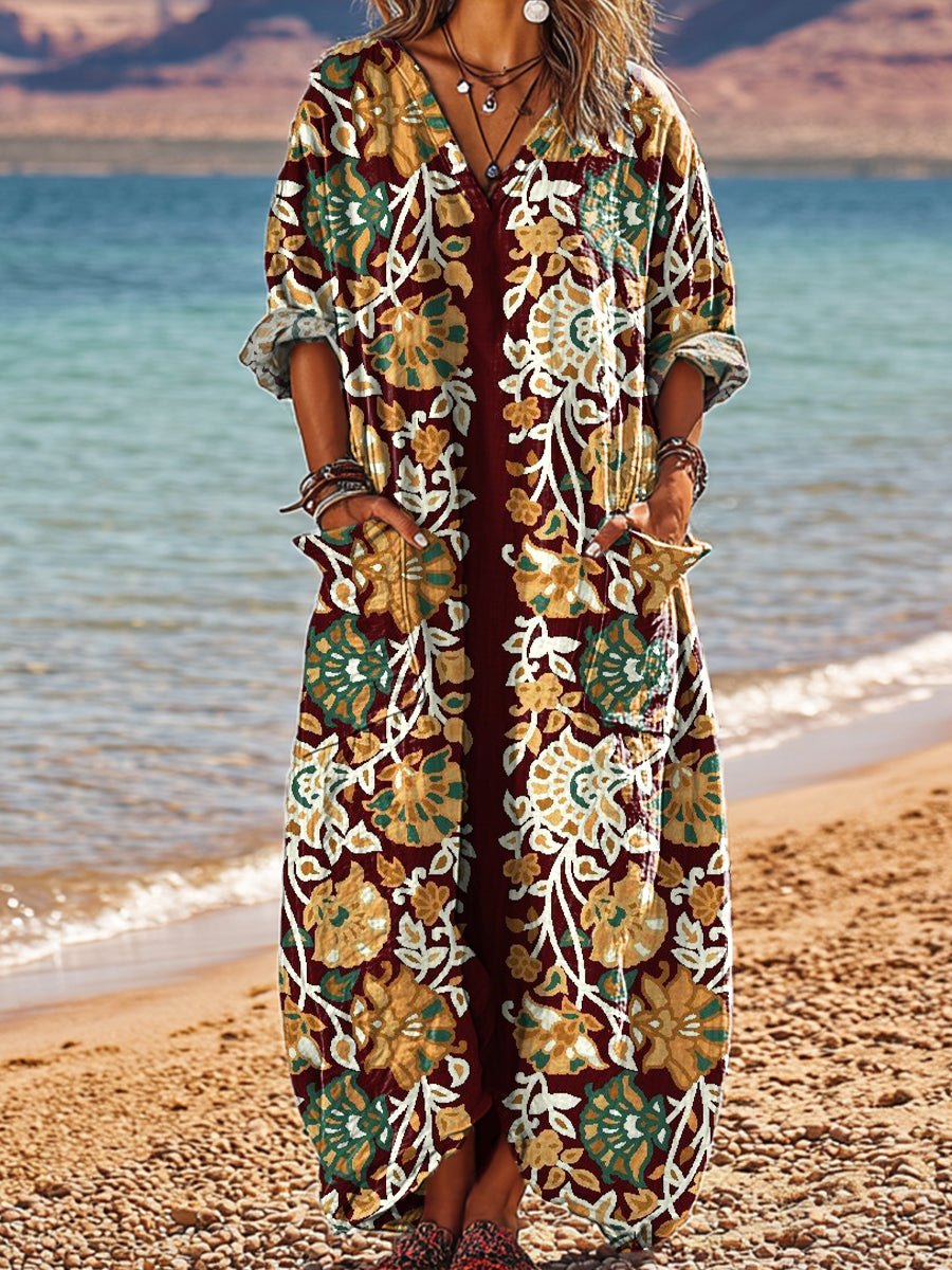 Women's Vintage Ethnic Floral Symmetrical Art Print Pocket V-neck Cotton Dress