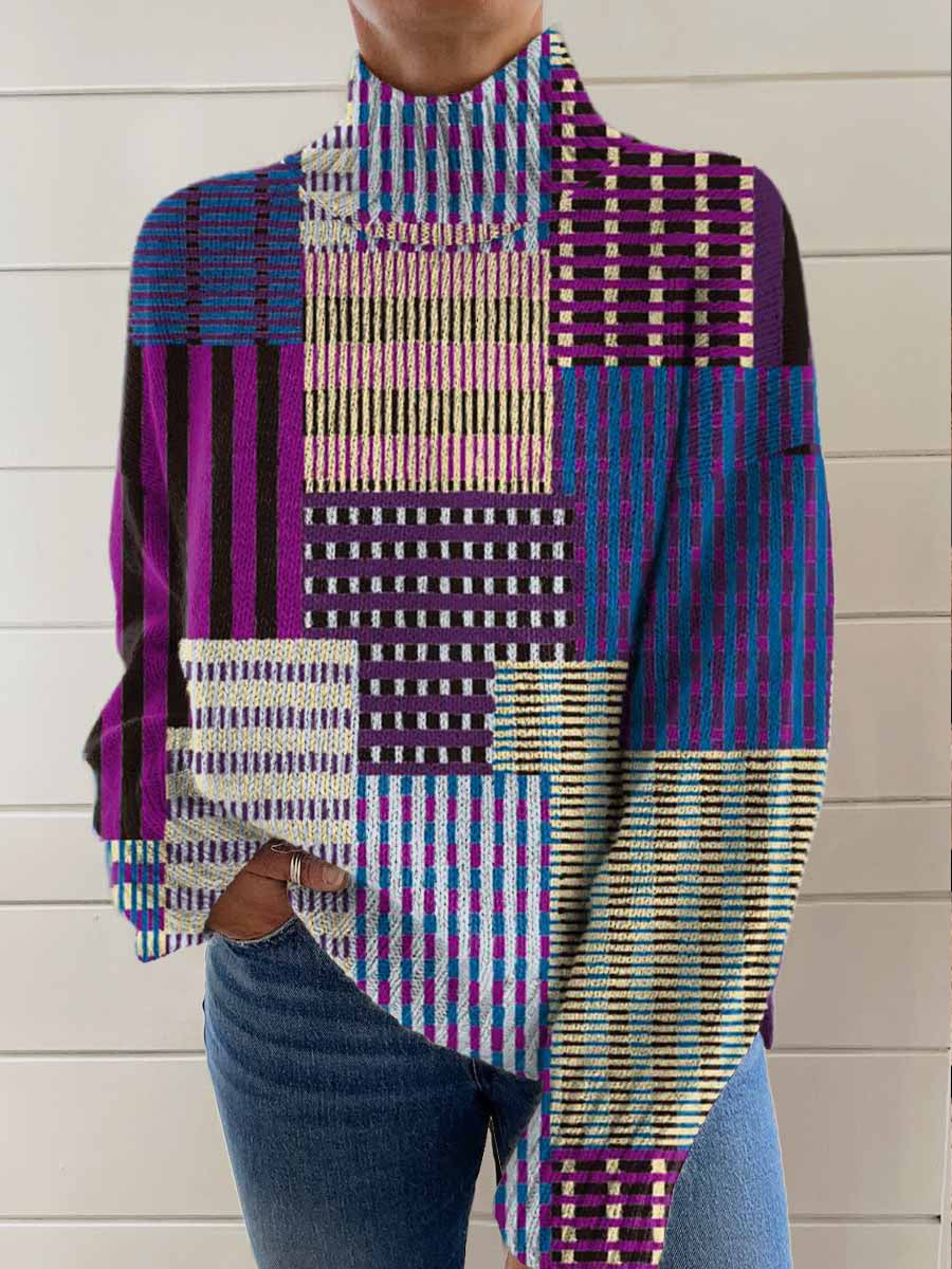 womens-retro-art-color-lines-print-knit-turtleneck-pullover-sweater