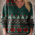 Vintage Diamond Geometric Christmas Tree Painting Art Print Knit V-neck Pullover Sweater