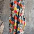 Women's Vintage Floral Patchwork Art Pattern Print Pocket V-neck Cotton Dress
