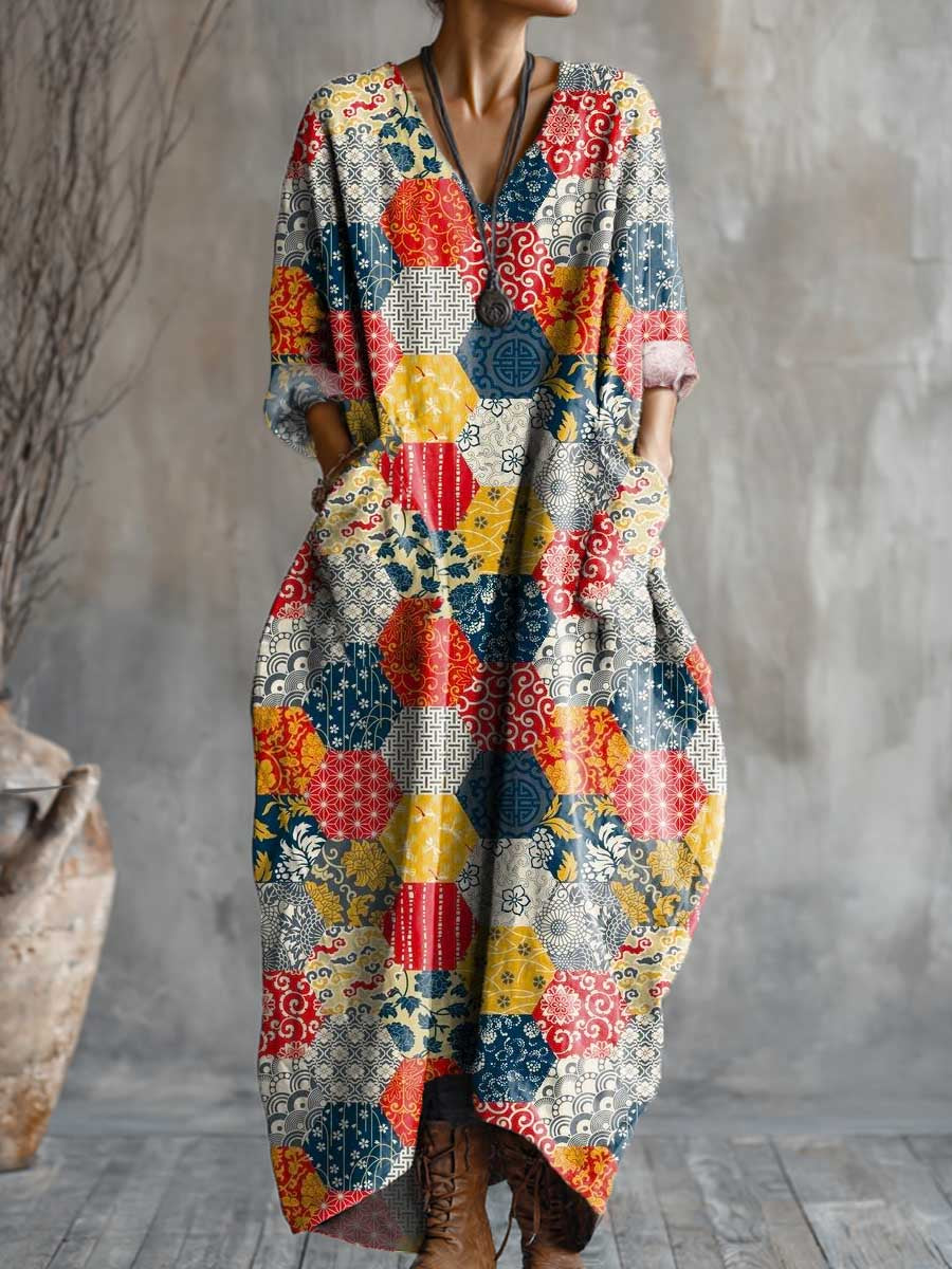 Women's Vintage Floral Patchwork Art Pattern Print Pocket V-neck Cotton Dress