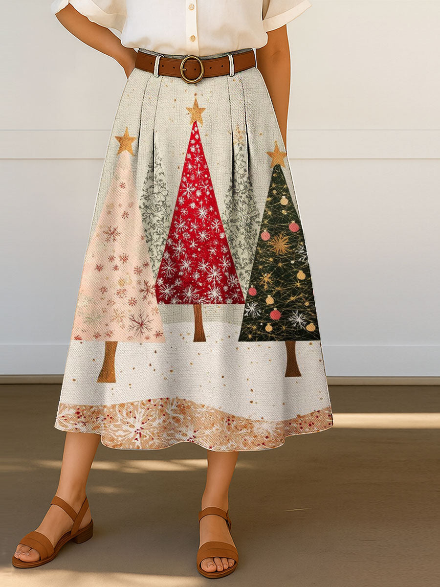 Women's Vintage Christmas Art Print Cotton Skirt