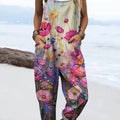 Women's Vintage Lovely Floral Pattern Art Print Casual 100% Cotton Wide Leg Jumpsuit