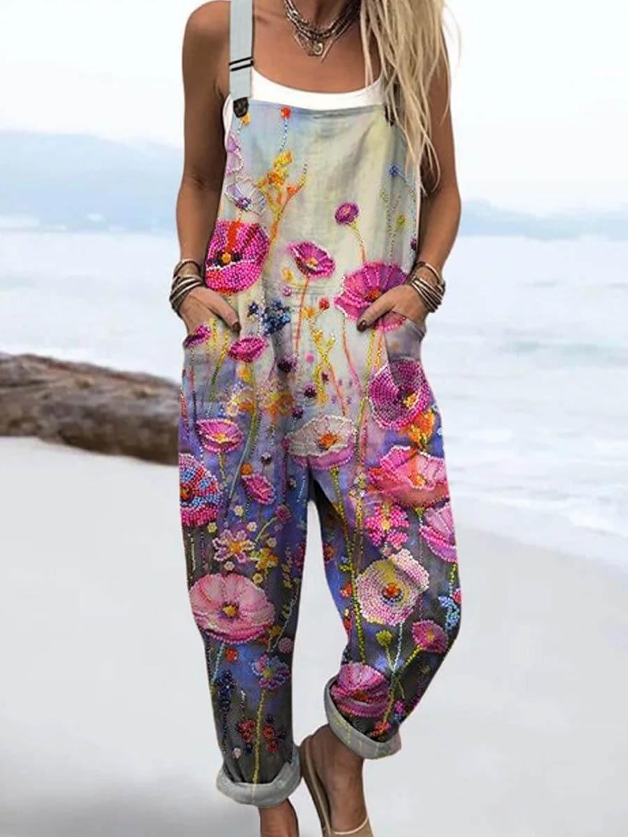 Women's Vintage Lovely Floral Pattern Art Print Casual 100% Cotton Wide Leg Jumpsuit