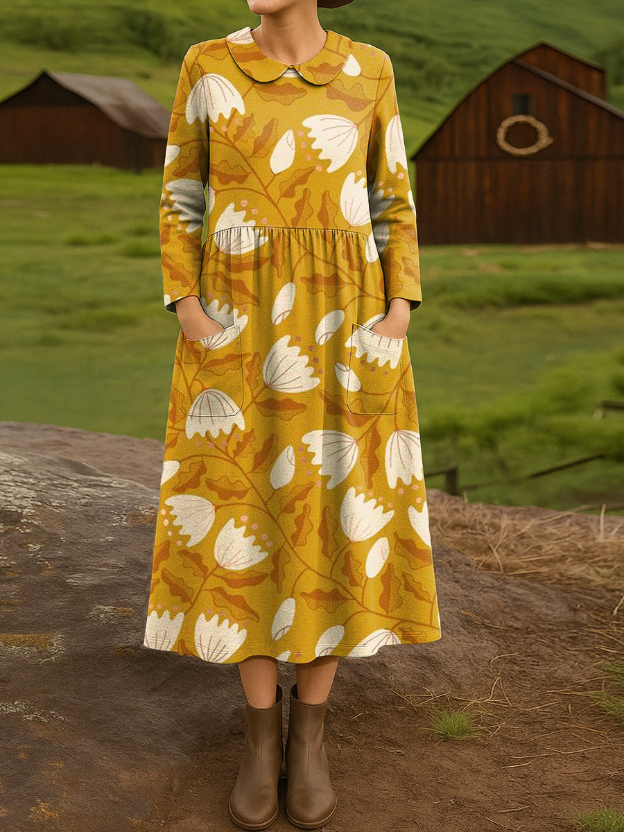 Women's Beautiful Vintage Large Floral Art Print Cotton Lapel Button-Down Shirt Dress