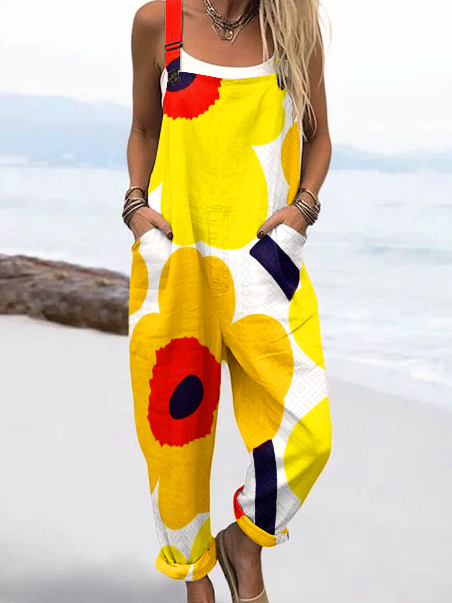 Women's Vintage Floral Art Print Casual 100% Cotton Wide Leg Jumpsuit