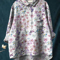 Watercolor Small Floral Pattern Printed Women's Casual Cotton And Linen Shirt