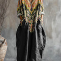 Women's Vintage Floral Pattern Art Print Pocket V-neck Cotton Dress