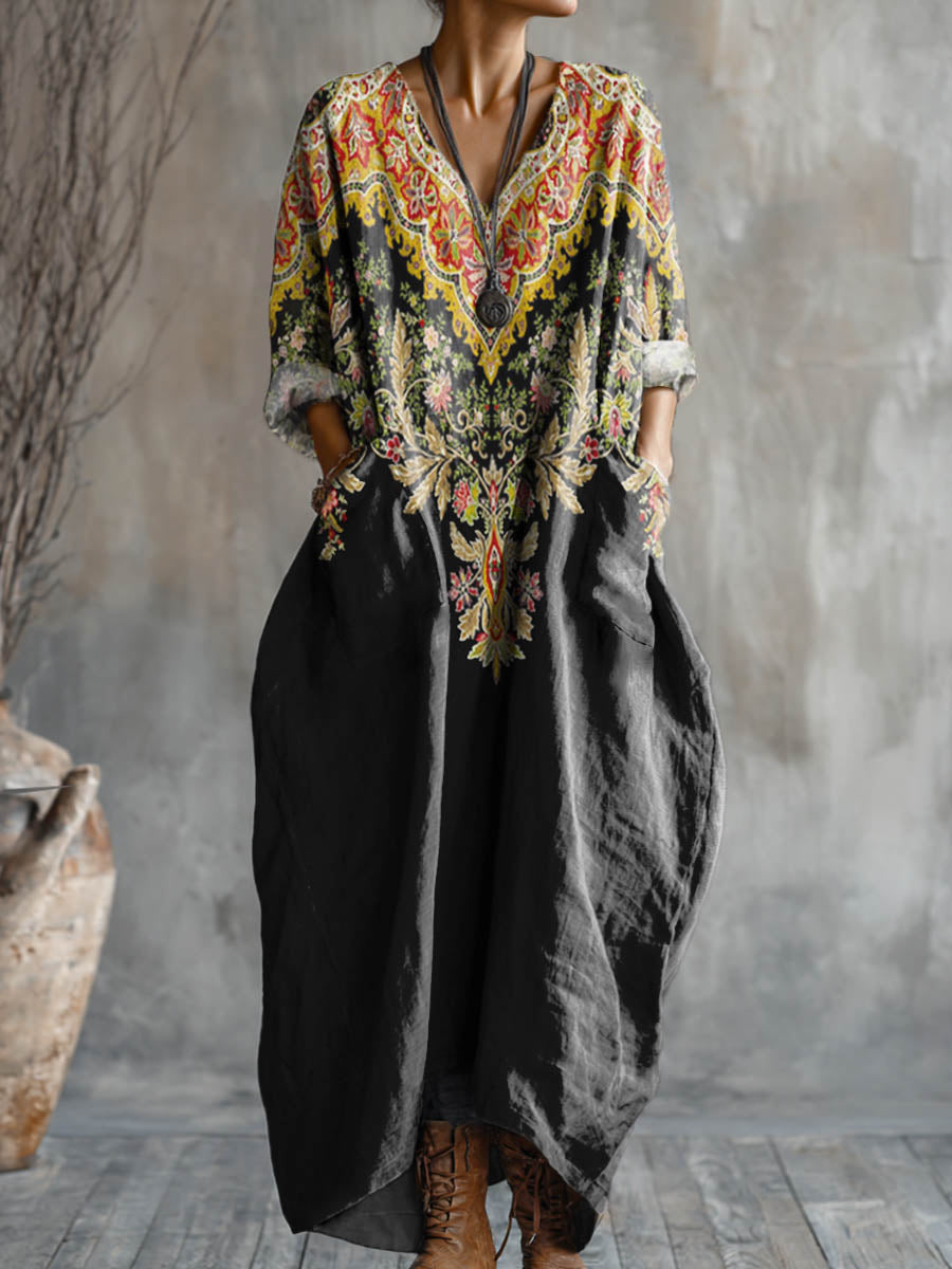 Women's Vintage Floral Pattern Art Print Pocket V-neck Cotton Dress