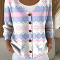 Christmas Loop Pattern Elk Snowflake Purple Print Buttoned V-neck Cardigan Sweater