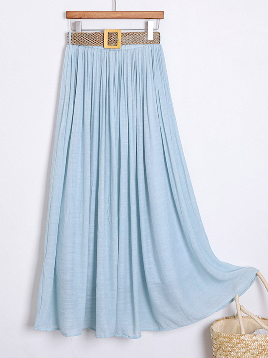 Women's Solid Color Elastic Waist Braided Belt Casual Cotton and Linen Skirt