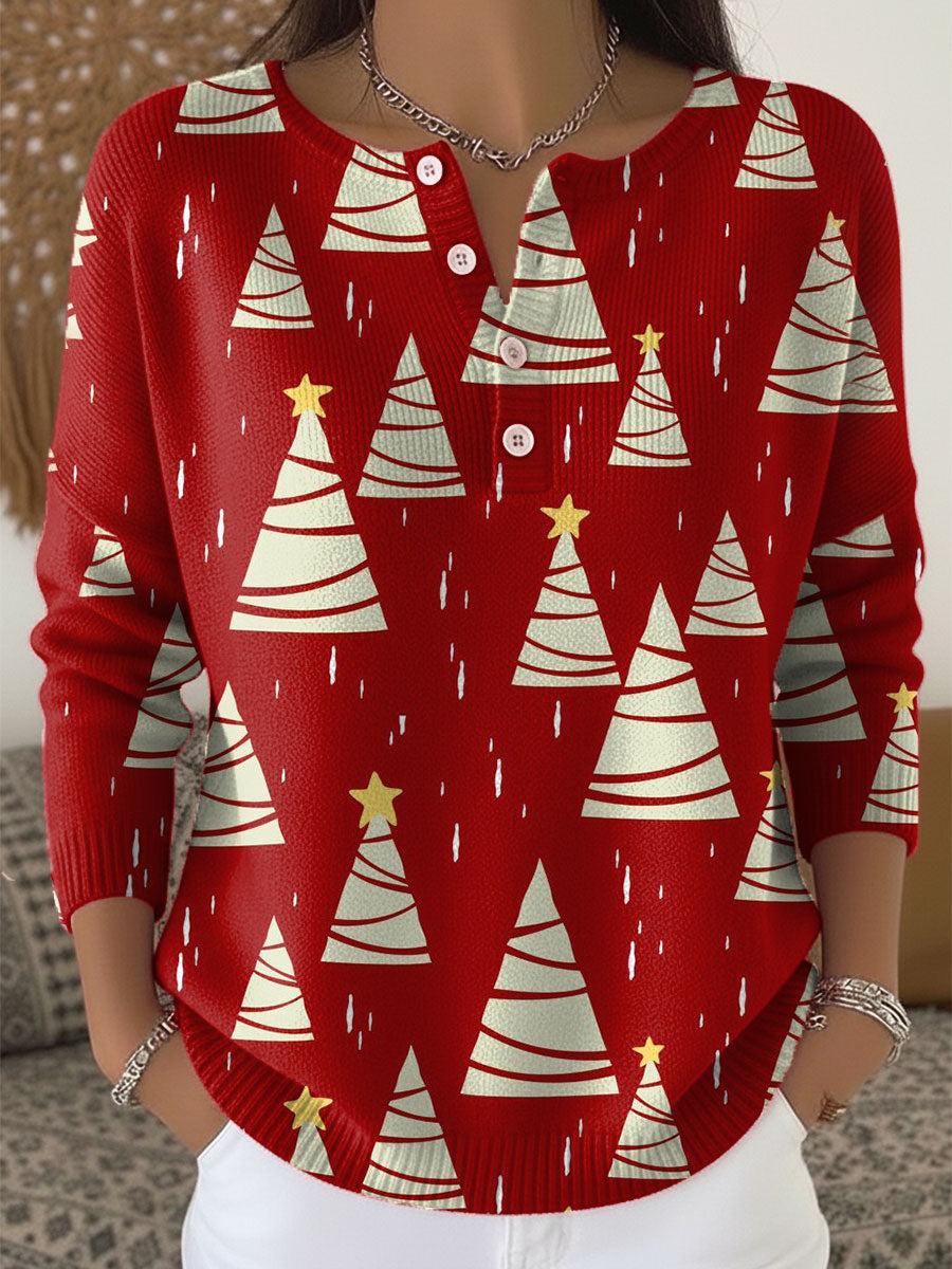 Vintage Christmas Tree Art Print Buttoned Cardigan Sweater