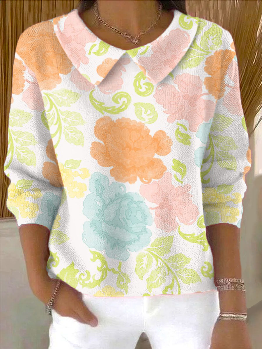 womens-multicolor-roses-art-pattern-casual-peter-pan-collar-3-4-sleeve-sweater
