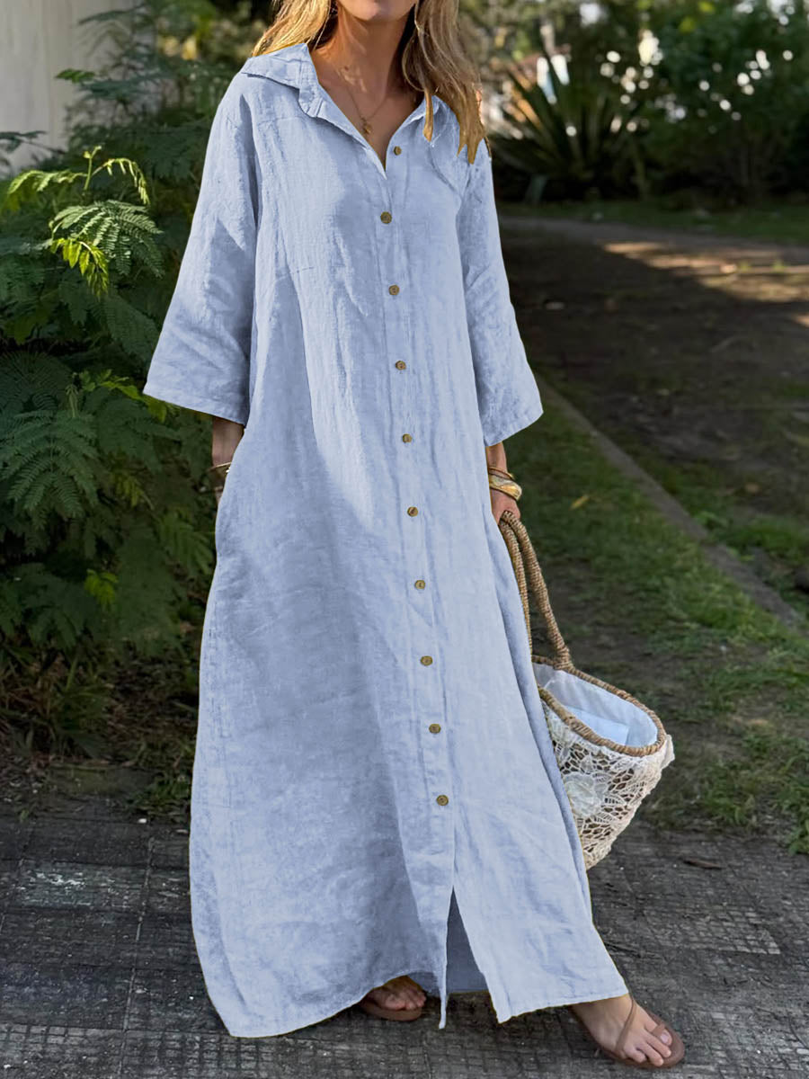 Women's Solid Color Shirt Collar 3/4 Sleeves Casual Loose Cotton and Linen Cardigan Dress