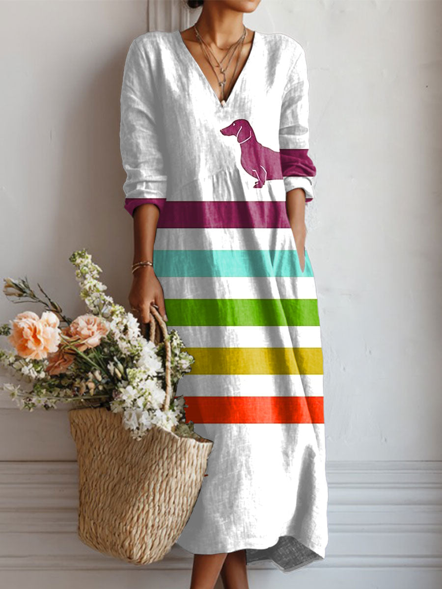 Women's Vintage Dachshund Art Print Linen Pocket Dress